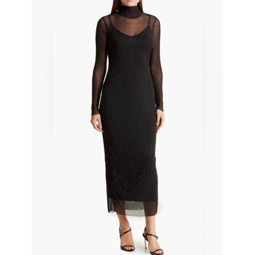 AFRM Marni Rhinestone Long Sleeve Mesh Midi Dress Black Sz L Mock Neck Bodycon